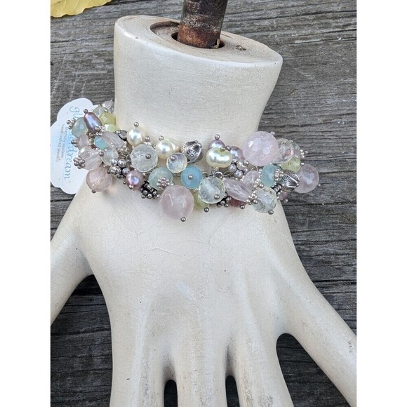 Vintage Sterling Silver Gemstone & Pearl Bracelet, Romantic Gift, Beachy Jewelry - Picture 3 of 10